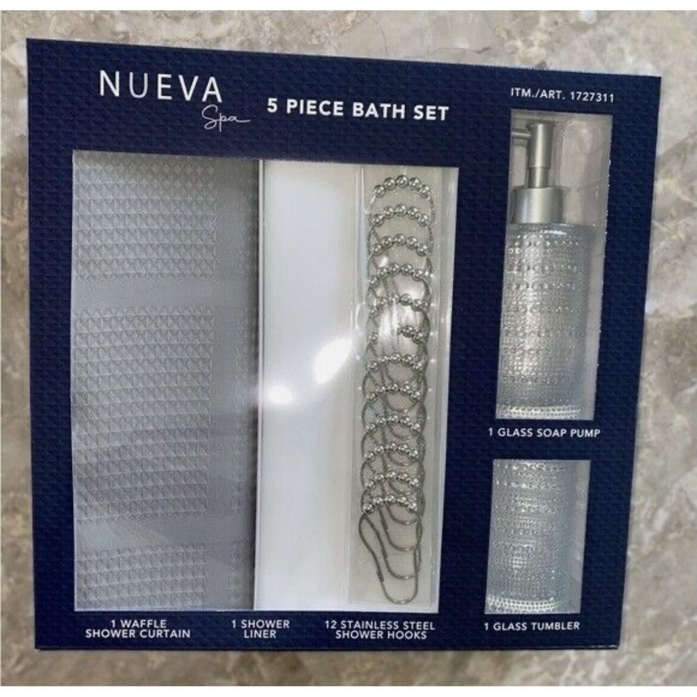 Nueva Spa 5 Pcs Bath Set Meriden Grey Shower Curtains Hooks Liner Pump Tumbler